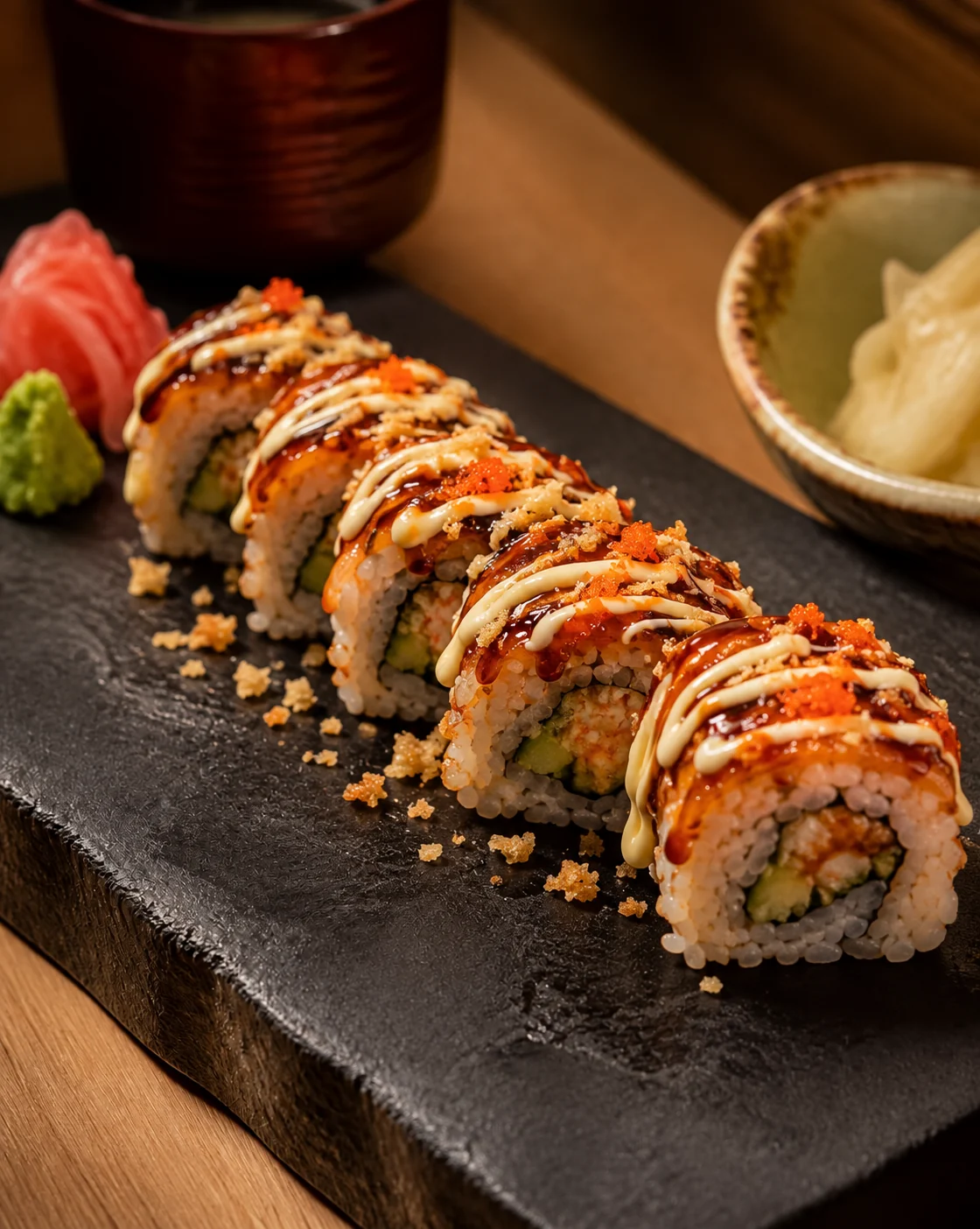 Sushi rolls with sauce and crisp toppings on a dark serving board