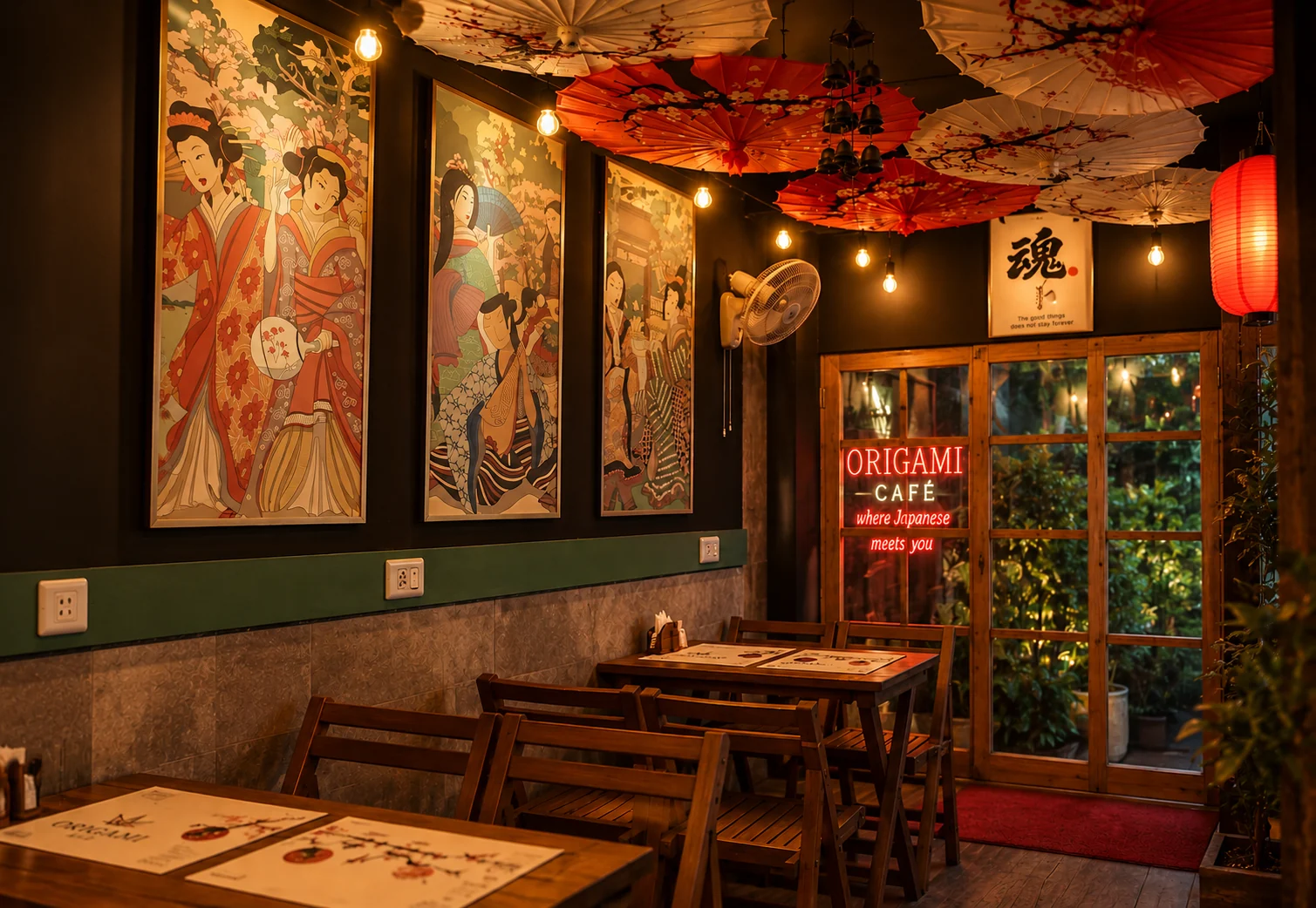 Origami Café seating beneath red and white paper umbrellas and Japanese wall art