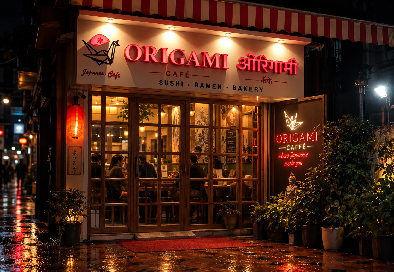 Origami Café entrance with its illuminated red sign and striped awning