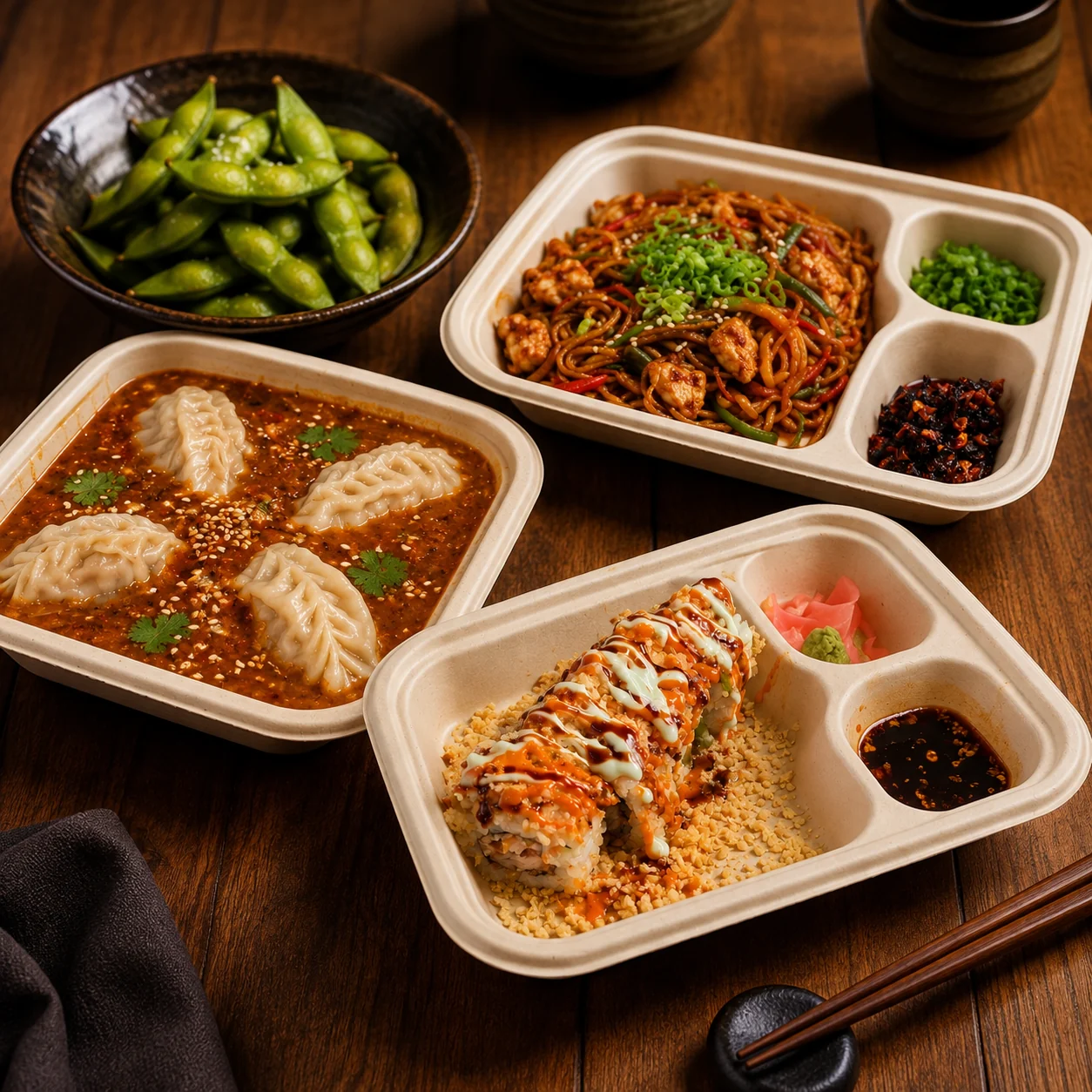 A spread of dumplings, noodles, sushi and edamame
